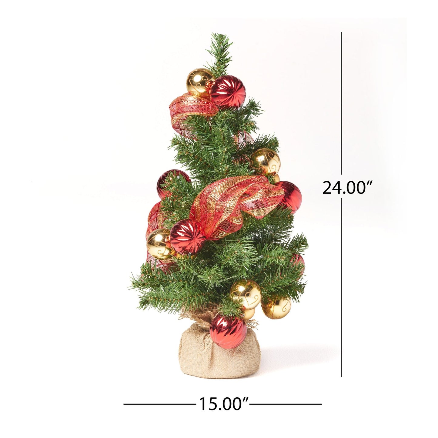 2' Arbre de Noël en jute rouge et or avec 50 lumières LED blanches chaudes - Décor de vacances à piles pour une ambiance festive 2024