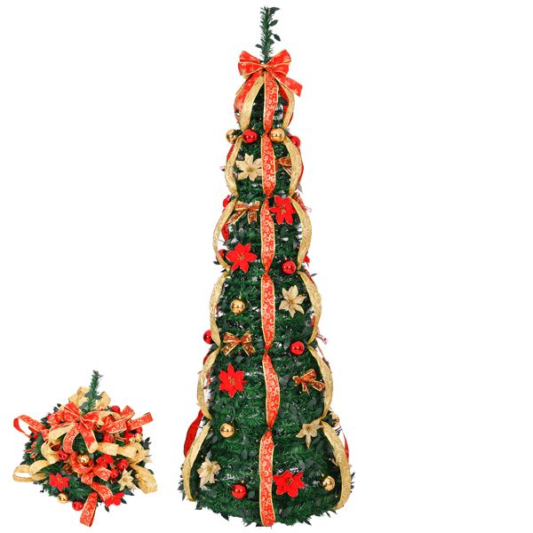 Arbre de Noël artificiel pré-éclairé de 6 pieds avec ornements rouges et dorés - Décor de vacances entièrement décoré pour la maison et le bureau 2024