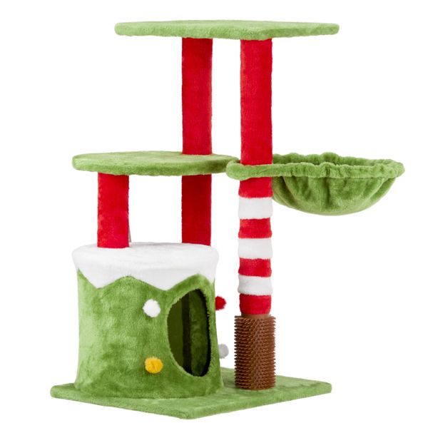 Arbre à chats en peluche festive de 32 pouces avec condo, hamac et brosse de massage - Centre d'activités sur le thème de Noël pour chats d'intérieur