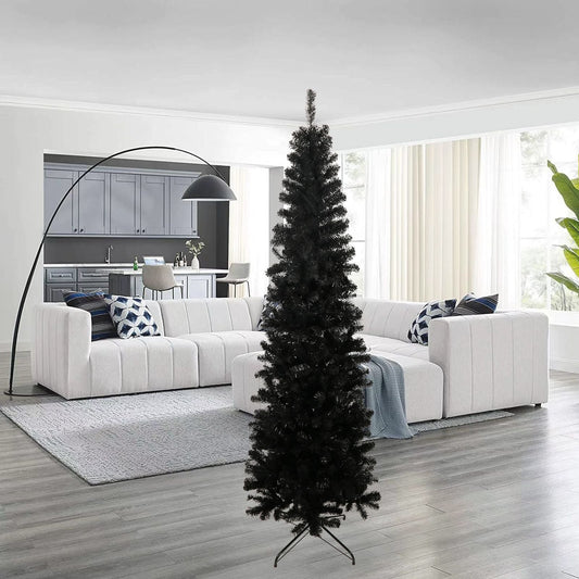 Arbre de Noël artificiel noir slim de 7,5 pieds avec support en métal pliable - Décor de vacances unique pour les petits espaces 2024