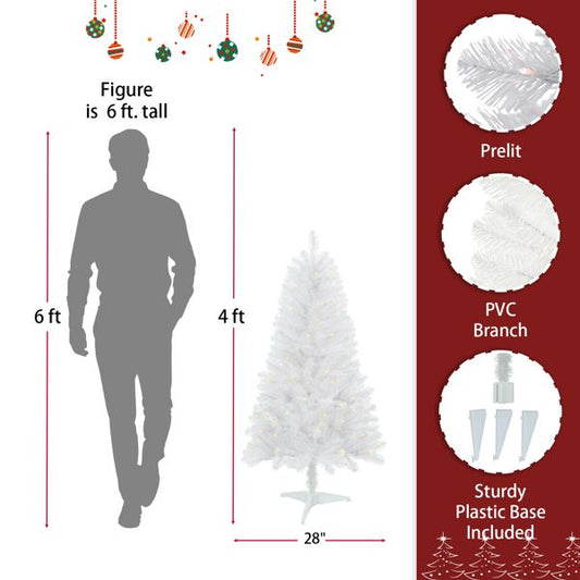 Arbre de Noël Norwood Spruce blanc pré-éclairé de 4 pieds – 100 lumières LED blanches chaudes, design PVC réaliste pour décoration intérieure des fêtes 2024