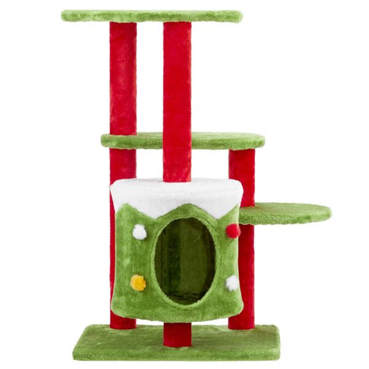 Arbre à chat de Noël festif de 32 po avec condo - Centre d'activité en peluche à 3 niveaux pour chats d'intérieur 2024
