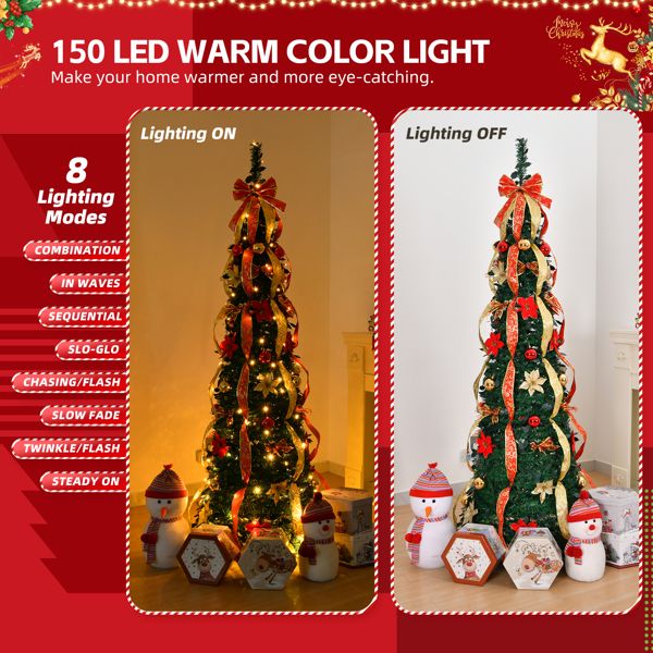 Arbre de Noël artificiel pré-éclairé de 6 pieds avec ornements rouges et dorés - Décor de vacances entièrement décoré pour la maison et le bureau 2024