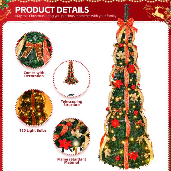 Arbre de Noël artificiel pré-éclairé de 6 pieds avec ornements rouges et dorés - Décor de vacances entièrement décoré pour la maison et le bureau 2024
