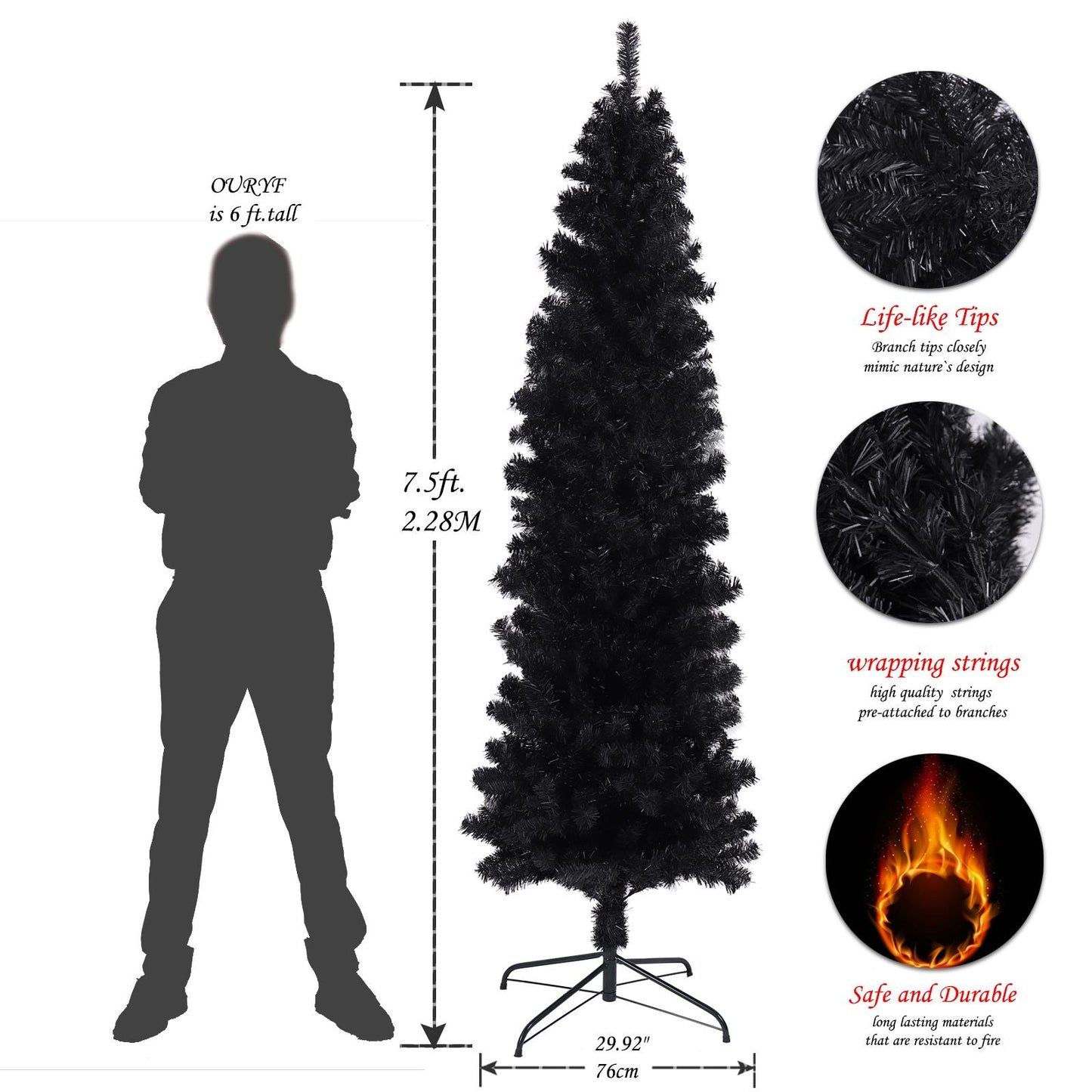 Arbre de Noël artificiel noir slim de 7,5 pieds avec support en métal pliable - Décor de vacances unique pour les petits espaces 2024