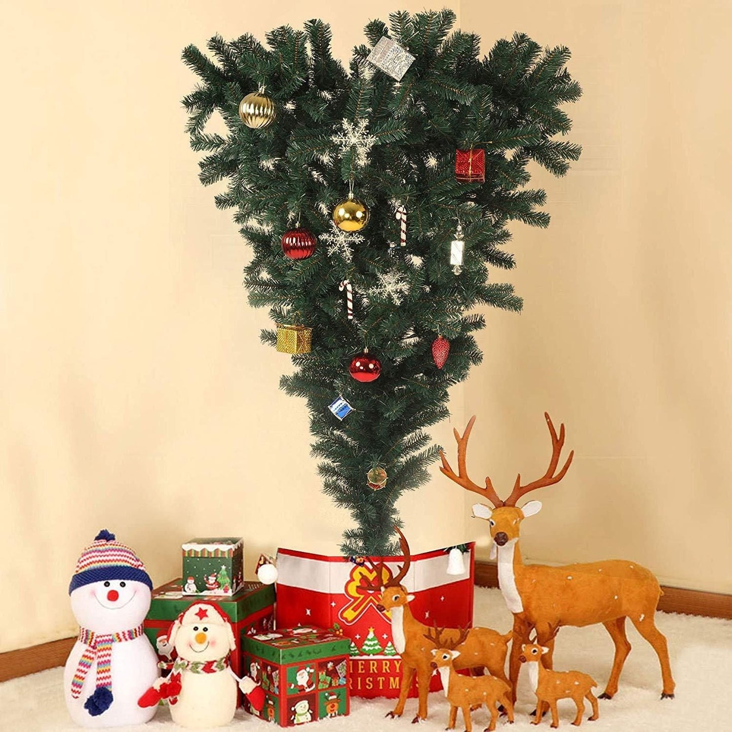 5,5 pieds arbre de Noël artificiel inversé avec support en métal robuste - Décoration de vacances unique pour la maison et le bureau 2024
