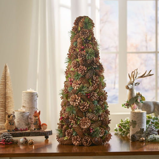 Arbre de table de Noël en cône de pin - Décor festif pour les vacances avec des ornements rouges, 26,5" de hauteur pour Noël 2024