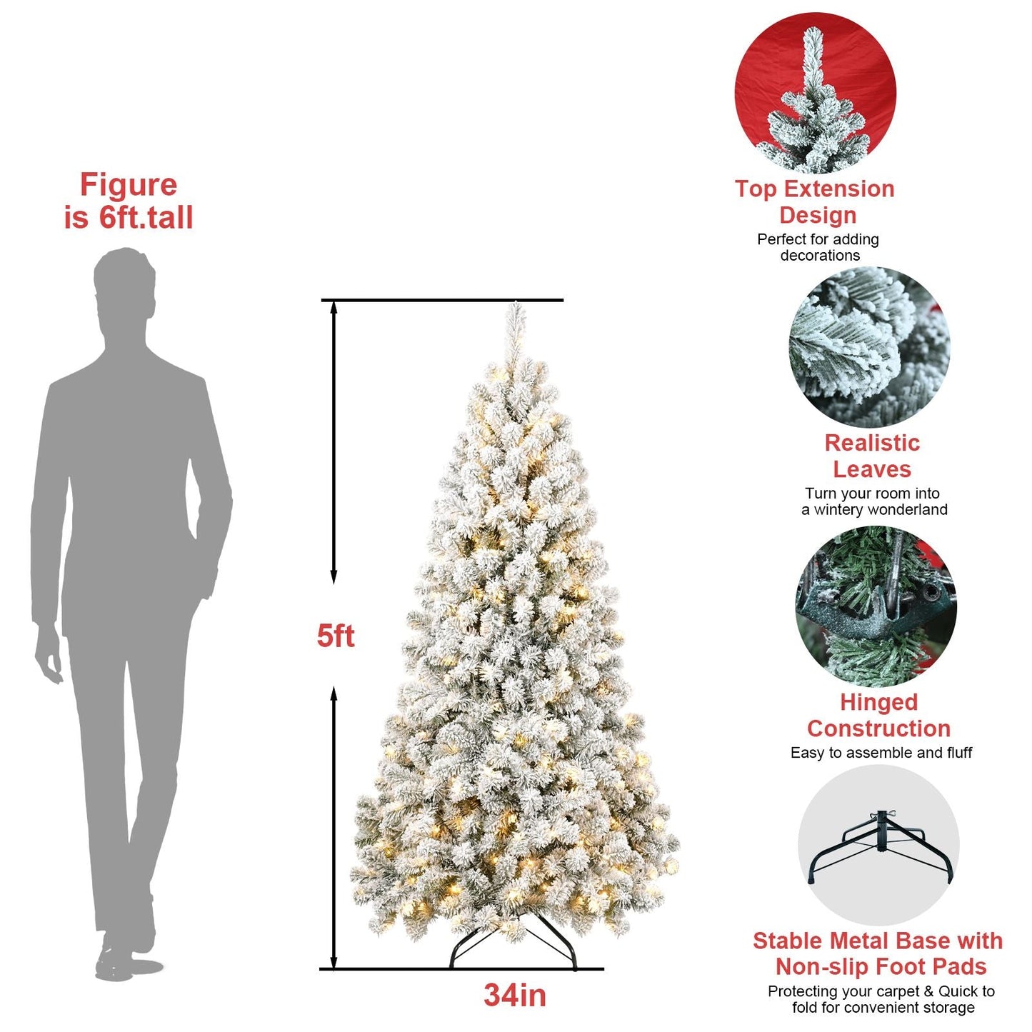 Arbre de Noël artificiel pré-éclairé neige-flocons de 5 pieds - Design ignifuge écologique, assemblage facile pour les fêtes 2024