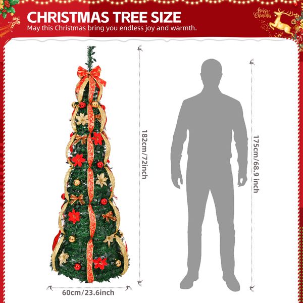 Arbre de Noël artificiel pré-éclairé de 6 pieds avec ornements rouges et dorés - Décor de vacances entièrement décoré pour la maison et le bureau 2024