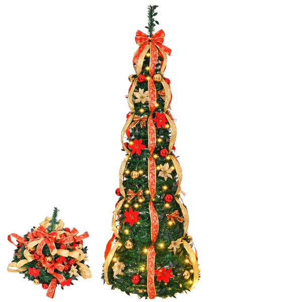 Arbre de Noël artificiel pré-éclairé de 6 pieds avec ornements rouges et dorés - Décor de vacances entièrement décoré pour la maison et le bureau 2024