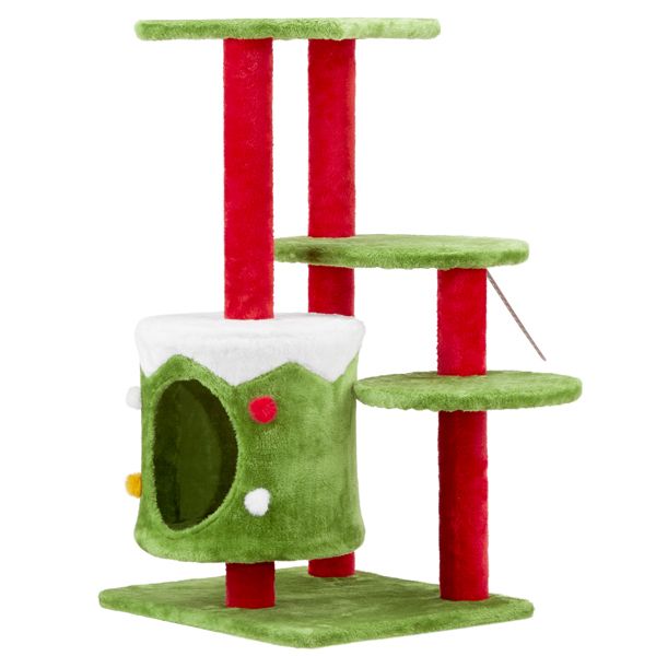 Arbre à chat de Noël festif de 32 po avec condo - Centre d'activité en peluche à 3 niveaux pour chats d'intérieur 2024