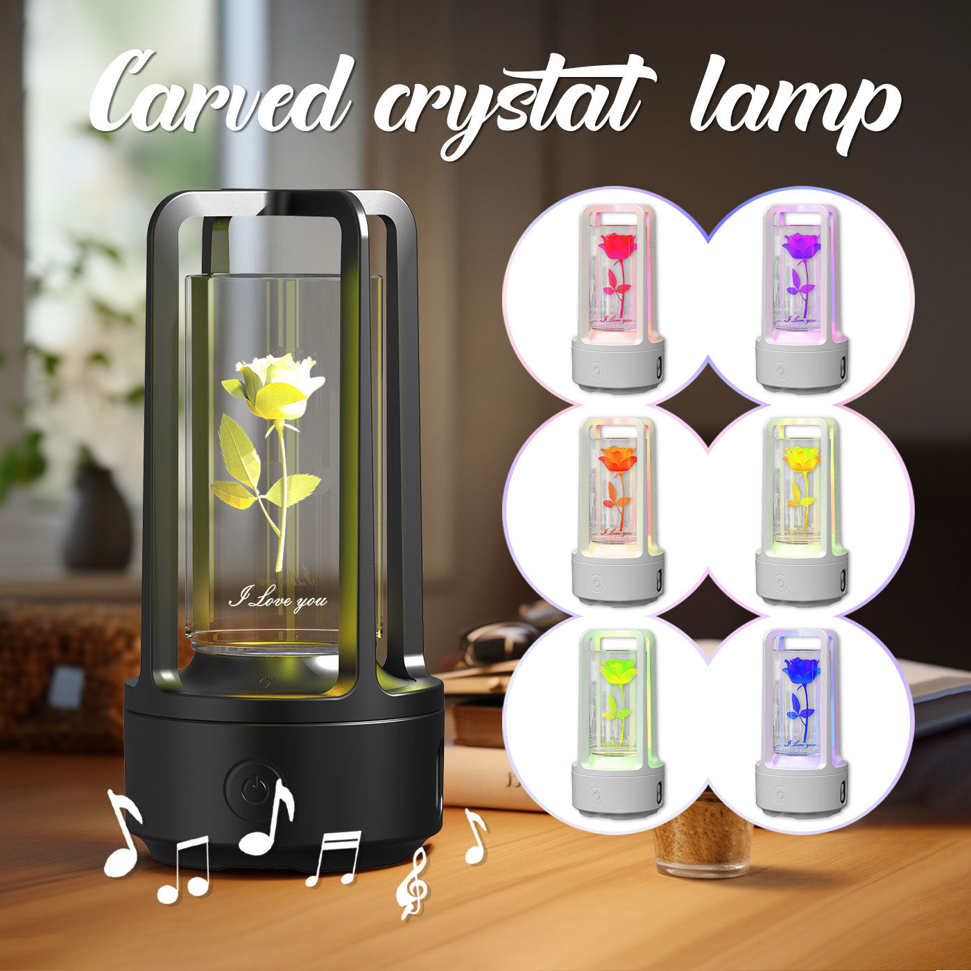 2-en-1 Lampe de nuit en cristal avec fleurs de l'arbre noir et enceinte Bluetooth lampe de bureau