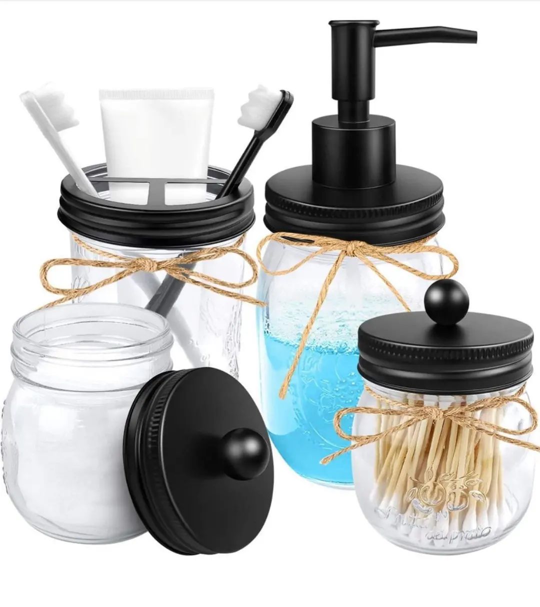Accessoires de salle de bain Mason Jar avec couvercles noirs