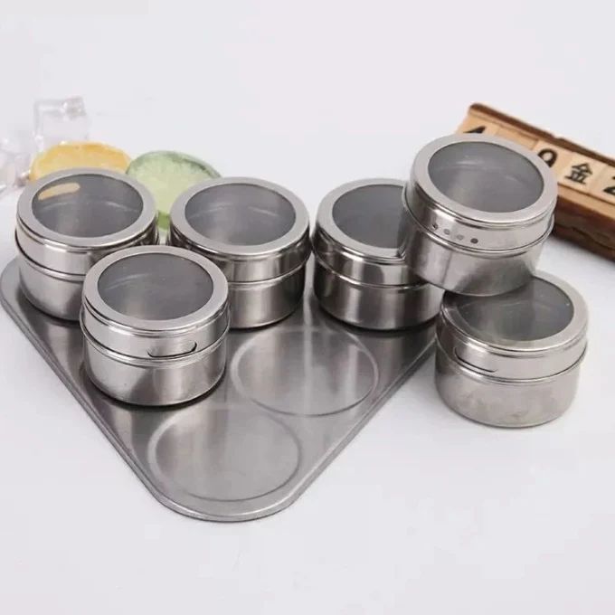 Bocaux d'épices ronds en acier magnétique - 6 pièces
