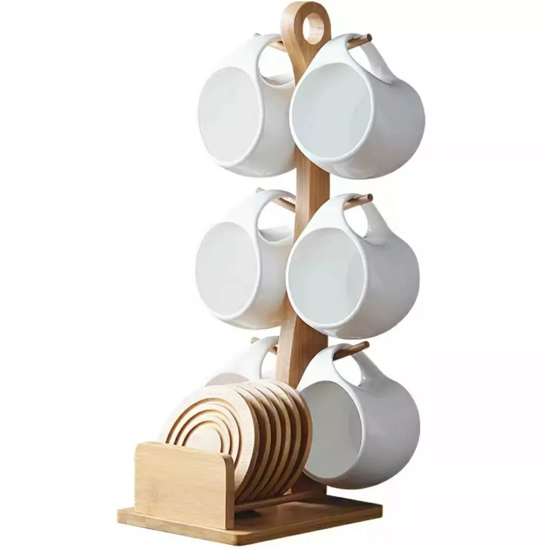 6Pc Tasses en céramique avec support en bois et 6 sous-verres