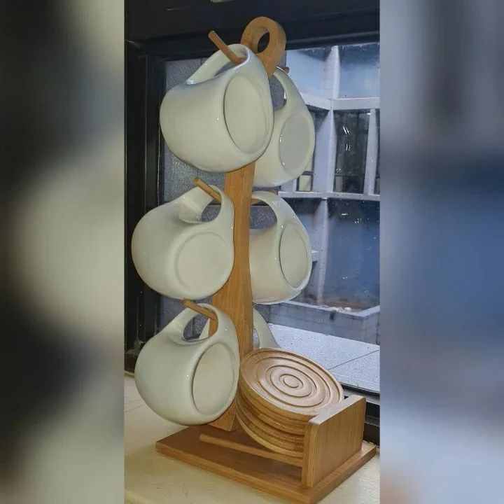 6Pc Tasses en céramique avec support en bois et 6 sous-verres