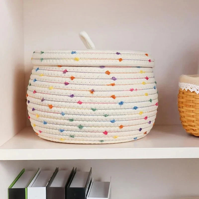Grand panier de rangement en corde de coton avec couvercle