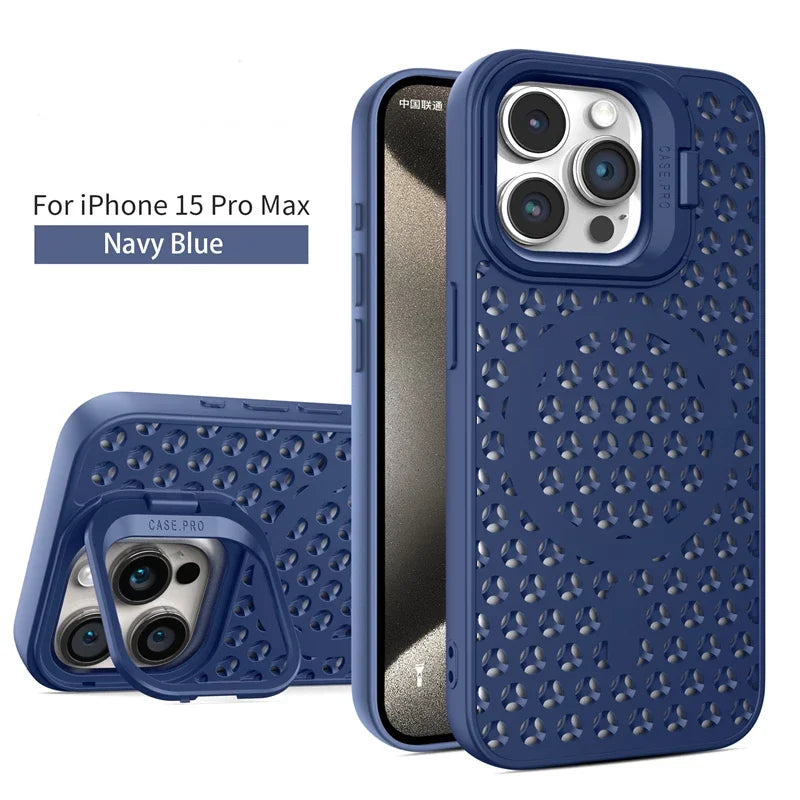 Coque en maille respirante avec dissipation thermique MagSafe pour iPhone 15 14 Plus 13 12 11 Pro Max avec support à anneau, refroidissement et charge sans fil