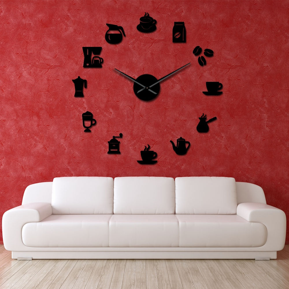 Horloge murale grande DIY sans cadre Café Tasse de café Grain de café