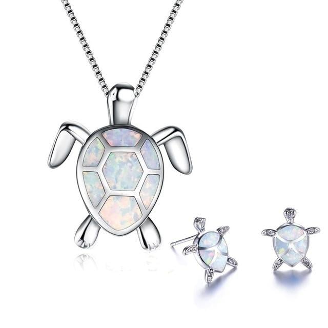 Ensemble de Bijoux Élégants en Argent Tortue de Mer - Collier et Boucles d'Oreilles de Marinella