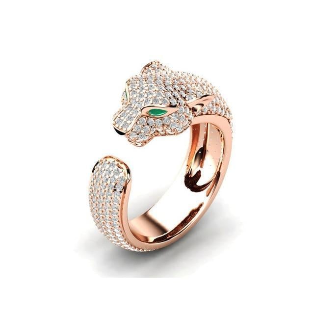 Bague Jaguar™ élégante réglable en argent 18K et en or rose avec des yeux en zirconia verte brillants
