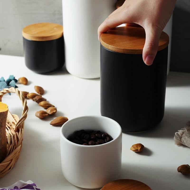 Floroux ceramic storage boxes with bamboo lid | Elegant storage | Perfect for kitchen and bathroom | Available in white and black