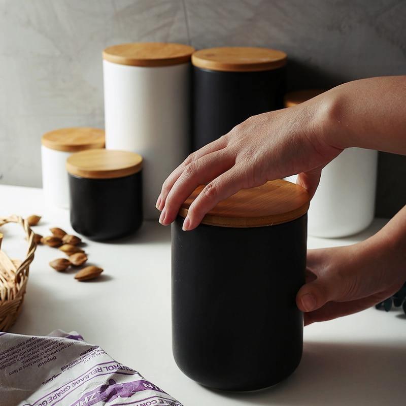 Floroux ceramic storage boxes with bamboo lid | Elegant storage | Perfect for kitchen and bathroom | Available in white and black