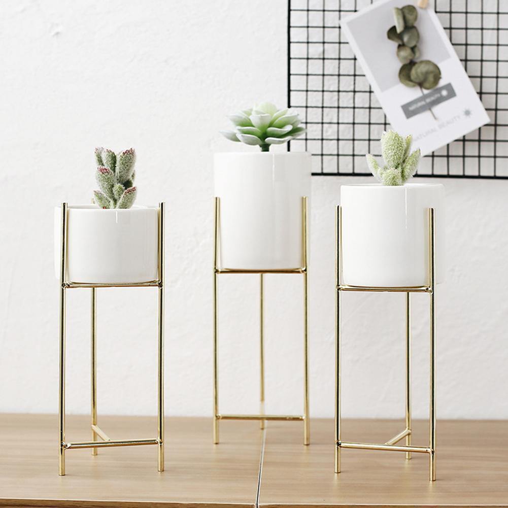Floroux pot en céramique avec support en métal | Design moderne | Support pour plantes pour la maison et le bureau