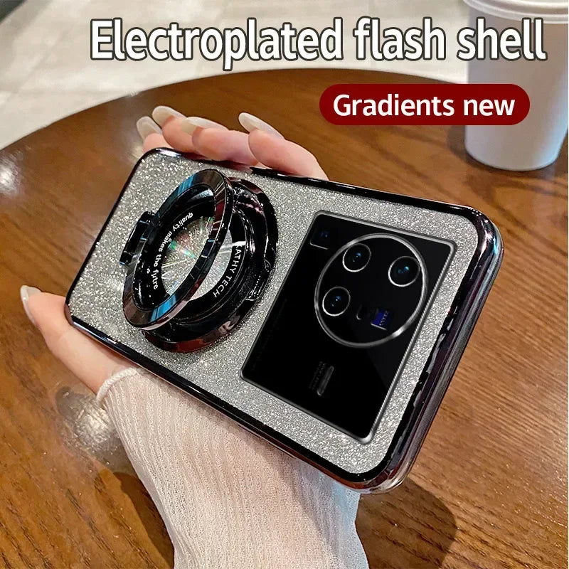 Coque en glitter avec finition MagSafe de luxe et support à anneau pour VIVO X80 Pro Charge sans fil magnétique Coque TPU