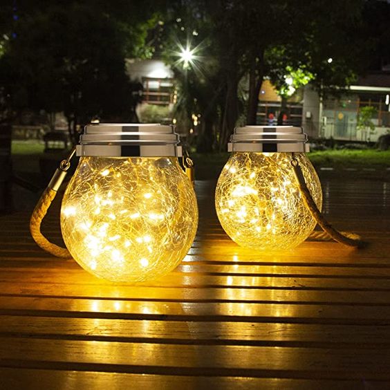 Floroux Solar Lantern en verre | Lampe à boule LED avec corde en chanvre | Lampe suspendue étanche pour jardin et terrasse