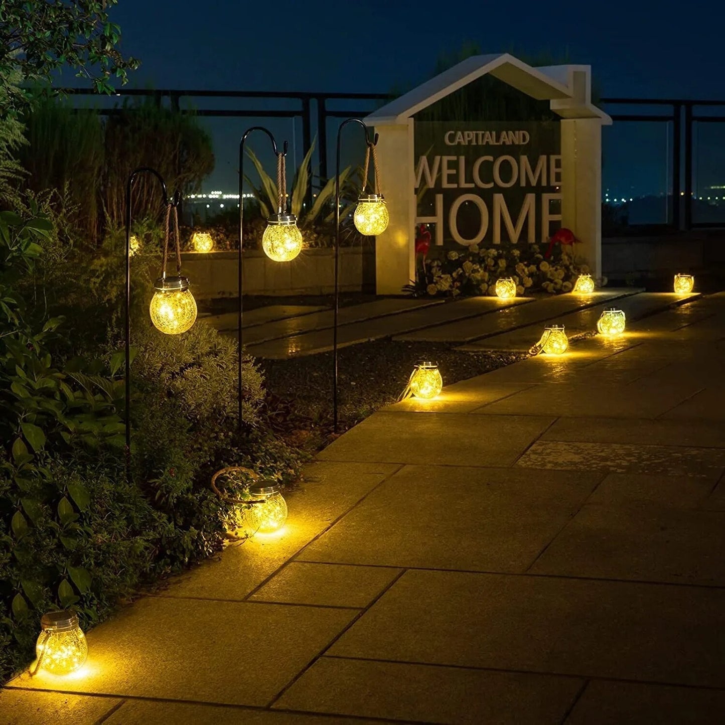 Floroux Solar Lantern en verre | Lampe à boule LED avec corde en chanvre | Lampe suspendue étanche pour jardin et terrasse