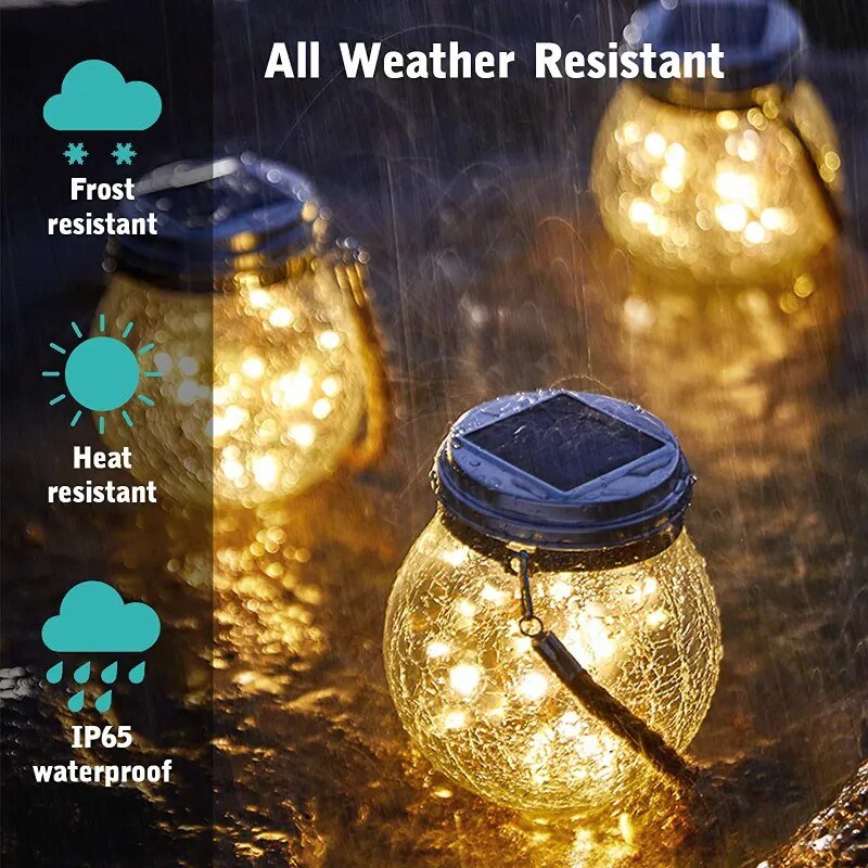 Floroux Solar Lantern en verre | Lampe à boule LED avec corde en chanvre | Lampe suspendue étanche pour jardin et terrasse
