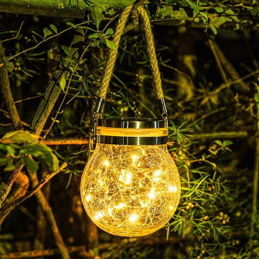 Floroux Solar Lantern en verre | Lampe à boule LED avec corde en chanvre | Lampe suspendue étanche pour jardin et terrasse