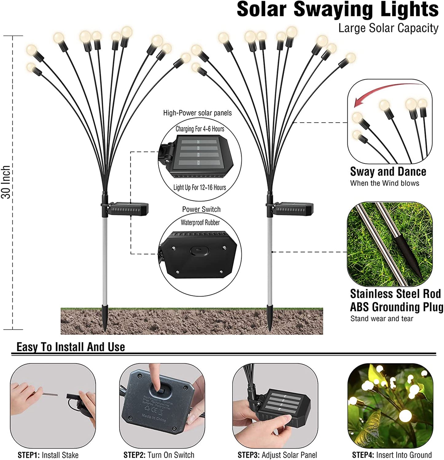 Floroux Lampes de jardin solaires | Effet de balancement | Résistant aux intempéries | Décoration fonctionnant à l'énergie solaire pour l'extérieur