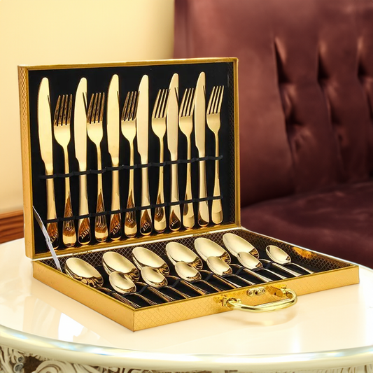 Ensemble de couverts Opulent Gold - L'élégant ensemble de couverts en or et argent de 24 pièces