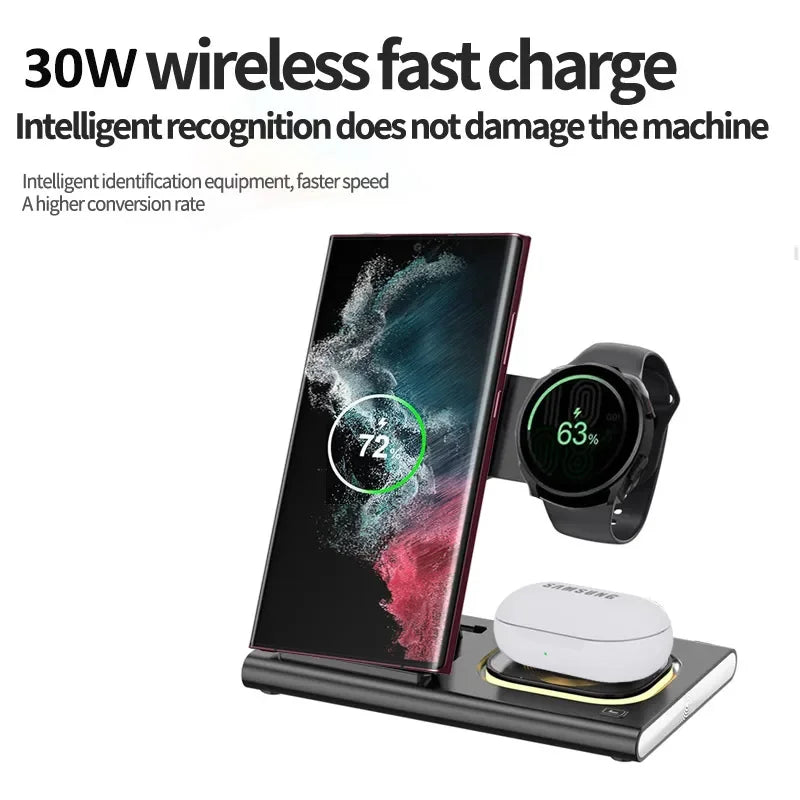 30W 3en1 Support de Chargement SANS FIL Qi Rapide pour Samsung - Chargeur Pliable pour Livraison de puissance PD Téléphone Montre Écouteurs