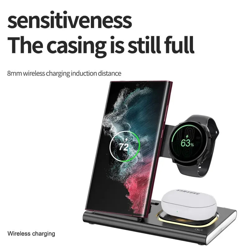 30W 3en1 Support de Chargement SANS FIL Qi Rapide pour Samsung - Chargeur Pliable pour Livraison de puissance PD Téléphone Montre Écouteurs