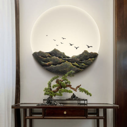 Floroux Applique Murale Chinoise | Sculpture de Montagne en Résine 3D & Acrylique | Lampe LED Ronde | Design Classique pour Salon & Couloir