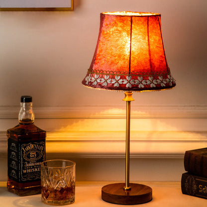 Floroux European Table Lamp | Velvet Drum Design | Copper Wood Base | Lighting for Living Room