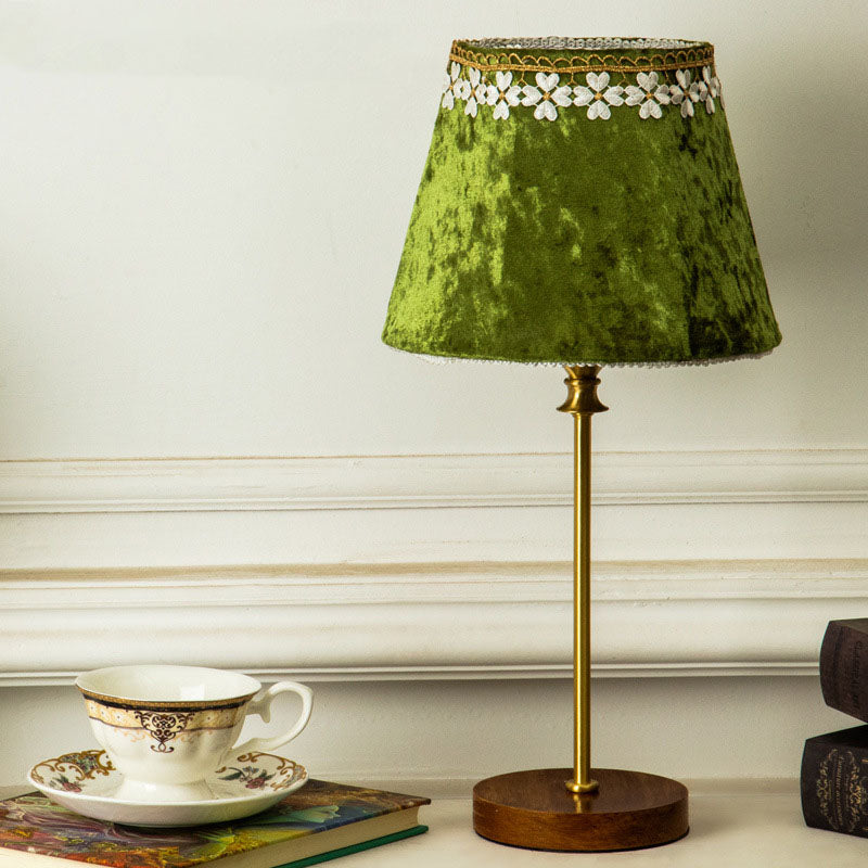 Floroux European Table Lamp | Velvet Drum Design | Copper Wood Base | Lighting for Living Room