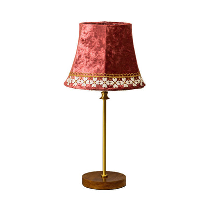Floroux European Table Lamp | Velvet Drum Design | Copper Wood Base | Lighting for Living Room