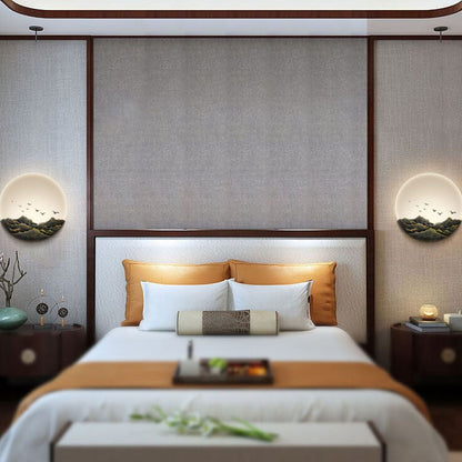 Floroux Applique Murale Chinoise | Sculpture de Montagne en Résine 3D & Acrylique | Lampe LED Ronde | Design Classique pour Salon & Couloir