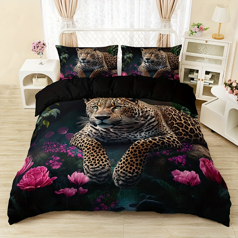 Ensemble de lit luxueux à imprimé animal avec motif de roses - 3 pièces