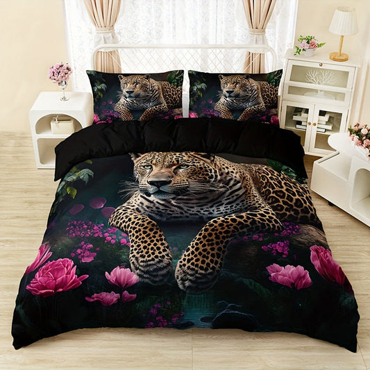 Ensemble de literie à imprimé animal luxueux avec motif de roses - 3 pièces