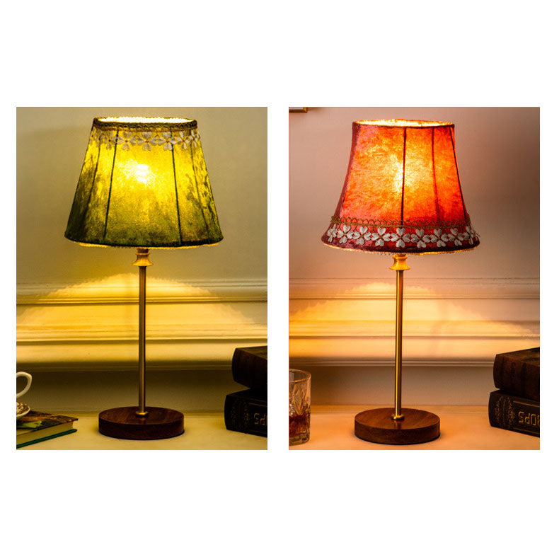 Floroux European Table Lamp | Velvet Drum Design | Copper Wood Base | Lighting for Living Room