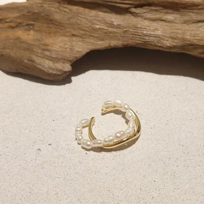 Bague en Or Doré à Double Couche Élégante avec Perle de Eau Douce Éclatante - Ivy