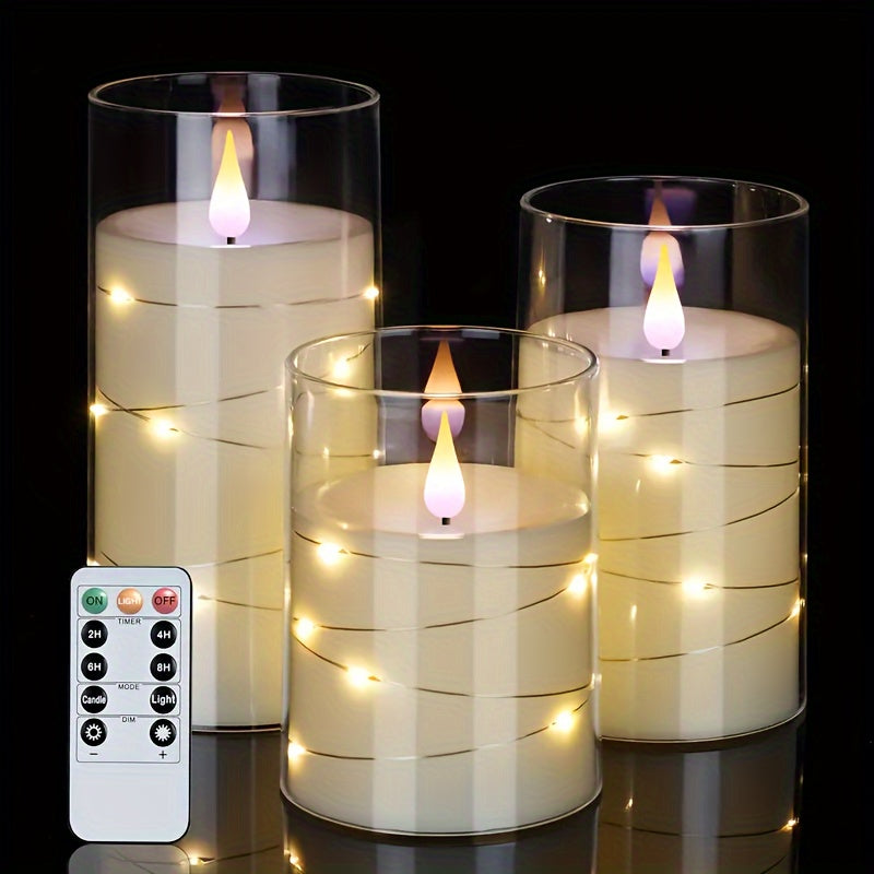 Bougies LED romantiques 3 pièces avec télécommande - Luminosité réglable et fonction de minuterie, idéales pour les soirées, les mariages et la décoration d'hôtel