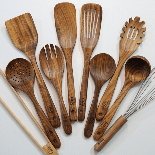 Udgita - Set d'ustensiles de cuisine de 10 pièces en bois de teck