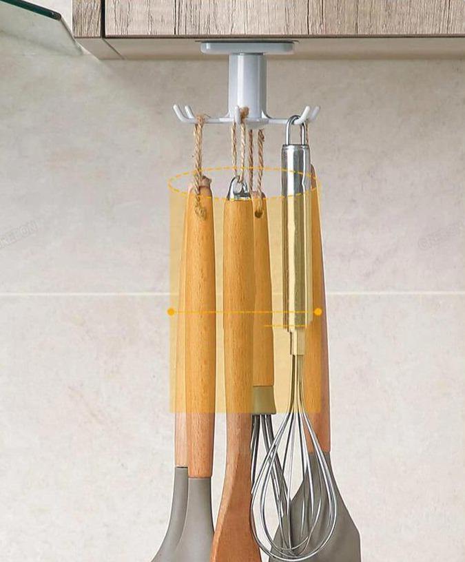 Floroux Rotating Kitchen Utensil Holder | 6 Hook Organizer | Space Saving Under Cabinet Storage