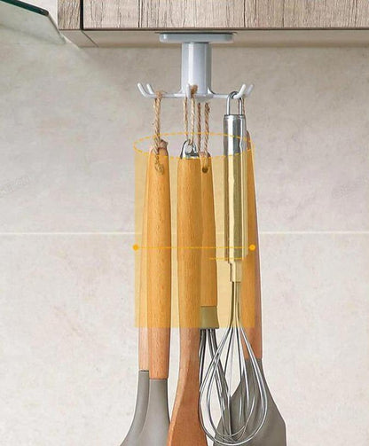 Floroux Rotating Kitchen Utensil Holder | 6 Hook Organizer | Space Saving Under Cabinet Storage